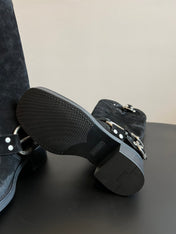 MIUMIU 26S KNEE-HIGH BOOTS IN BLACK SUEDE SILVER HARDWARE