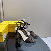 FENDI DELFINA HIGH-HEELED 10 CM SANDAL IN BROWN MONOGRAM FF CANVAS