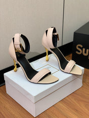 BALMAIN 25S SQUARE STRAP HIGH HEELS 100MM IN BEIGE PATENT CALFSKIN