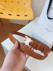 CELINE 25S TRIOMPHE BELT 25MM IN CARAMEL CALFSKIN GOLD HARDWARE 580704