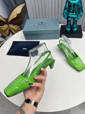 PRADA 26S SLINGBACK PUMPS 40MM IN APPLE GREEN SATIN CRYSTAL EMBELLISHED