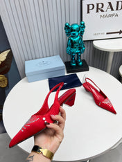 PRADA 26S POINTED TOE SLINGBACK 40MM IN DARK RED SATIN CRYSTAL EMBELLISHED