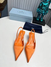 PRADA 26S POINTED TOE SLINGBACK 40MM IN ORANGE SATIN