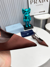 PRADA 26S POINTED TOE SLINGBACK 40MM IN DARK BROWN SATIN
