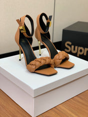 BALMAIN 25S ANKLE STRAP HIGH HEEL 95MM IN BROWN CALFSKIN
