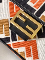 Fend Baguette Black White Brown Orange Canvas Bag 27 with FF Embroidery Ghw