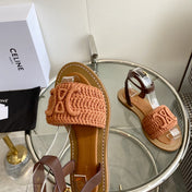 LYMPIA SANDAL IN BRONZE BROWN TRIOMPHE MACCRAMÉ COTTON AND TAN CALFSKIN