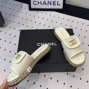 Double CC Women New Trendy Calfskin Slippers White