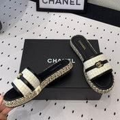 Double CC Women White Black Slippers Calfskin