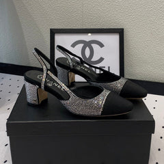 Double CC Rhinestone Slingback Sheepskin Silver Black