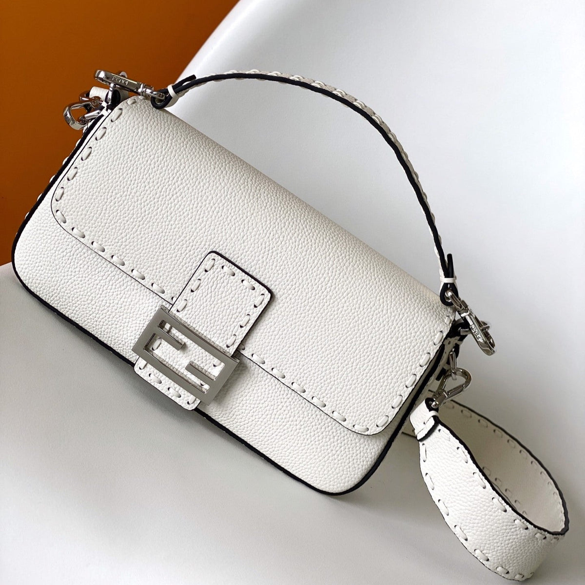 Fend Baguette 27 Bag White Calfskin Shw