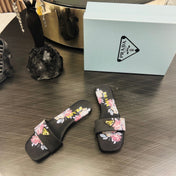 PRA PRINTED SLIDES SLIPPERS BLACK SATIN