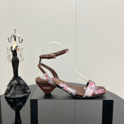 PRA TRIANGLE HEEL FLOWER MOTIF SATIN SANDALS CINNAMON