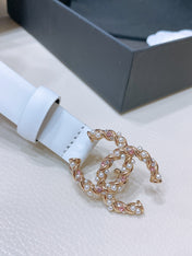 CC BELT 20MM IN WHITE CALFSKIN GOLD HARDWARE ATTACH PEARLS