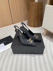 CC HIGH SLINGBACKS BLACK SATIN AND LAMBSKIN
