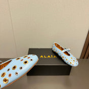 ALAIA MARY JANE SHOES IN LIGHT BLUE LAMBSKIN GOLD MIX SILVER HARDWARE