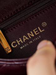 FLAP BAG WITH TOP HANDLE 18 IN WINE RED OIL-WAX LAMBSKIN GOLD HARDWARE