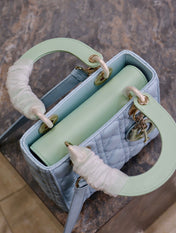 MEDIUM LADY BAG 20 IN BABY BLUE QUILTED MACROCANNAGE CALFSKIN GREEN STRAP