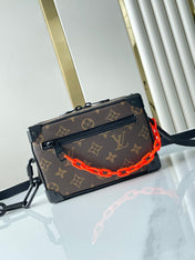 MINI SOFT TRUNK 18 IN BROWN MONOGRAM CANVAS RED ORANGE CHAIN