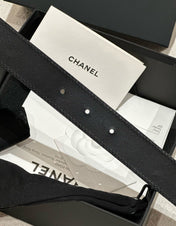 DOUBLE C BELT 30MM IN BLACK CALFSKIN GOLD BUCKLE WITH EMBOSSED CHECK PATTERN