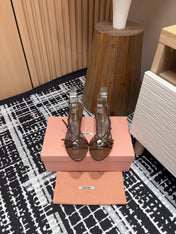 STRAP HIGH HEEL SANDALS IN CHOCOLATE SHINY LAMBSKIN