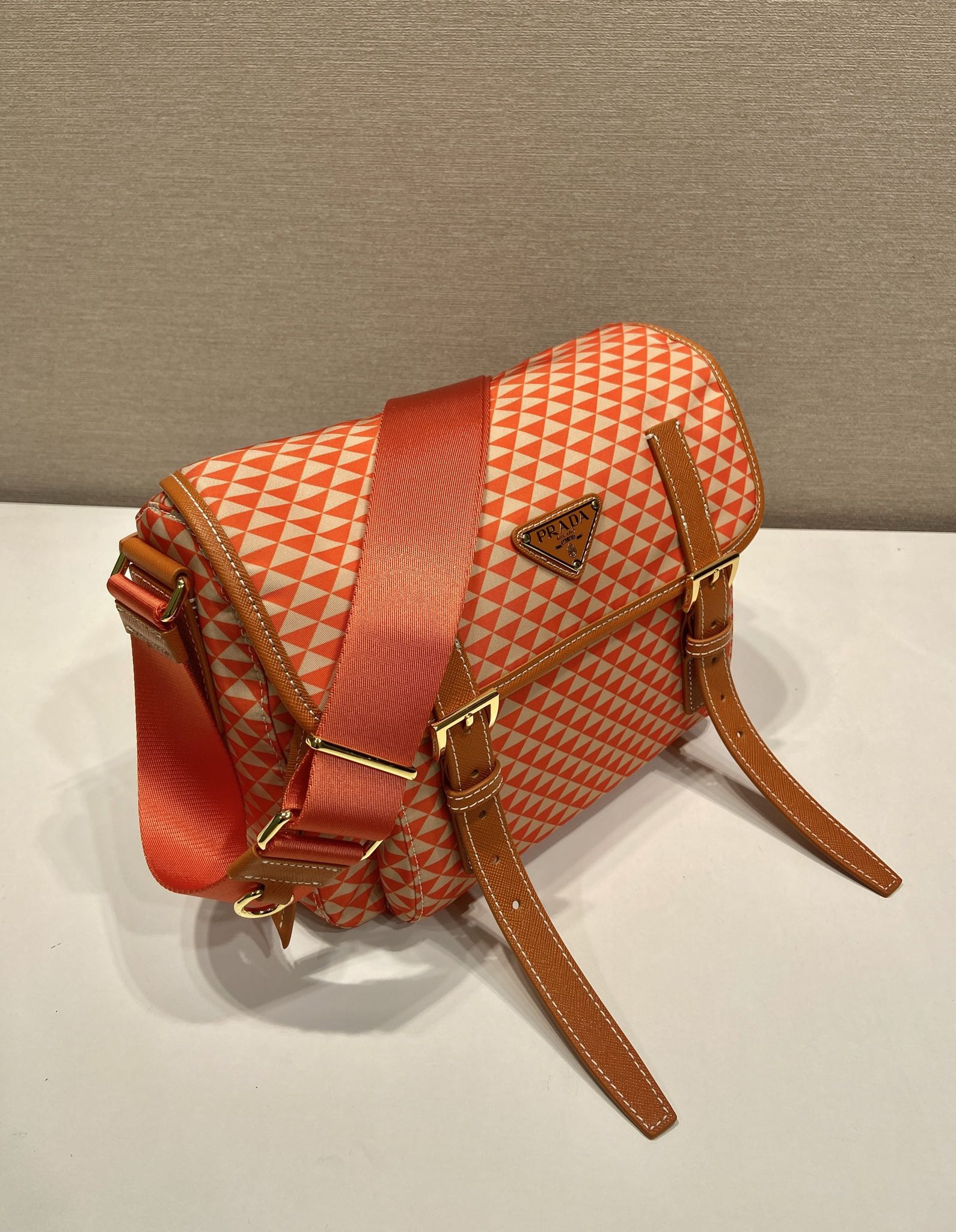 MESSENGER BAG 25 IN ORANGE MIX CREAM TRIANGLE PATTERN EMBROIDERED FABRIC