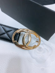 DOUBLE C BELT 38MM IN BLACK QUILTED LAMBSKIN WITH GOLD OVAL BUCKLE CENTERED LOGO