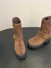 PRADA 25S PLATFORM ANKLE BOOTS IN BROWN SUEDE WITH GOLD HARDWARE