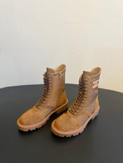 CELINE 26S LACE-UP ANKLE BOOTS IN BROWN SUEDE AND CANVAS