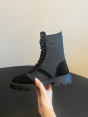CELINE 26S LACE-UP ANKLE BOOTS IN BLACK SUEDE AND FABRIC