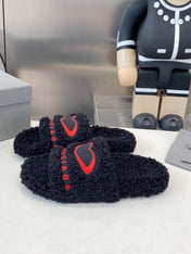 BALENCIAGA 25S FLAT SLIPPERS IN BLACK MIX RED WOOL