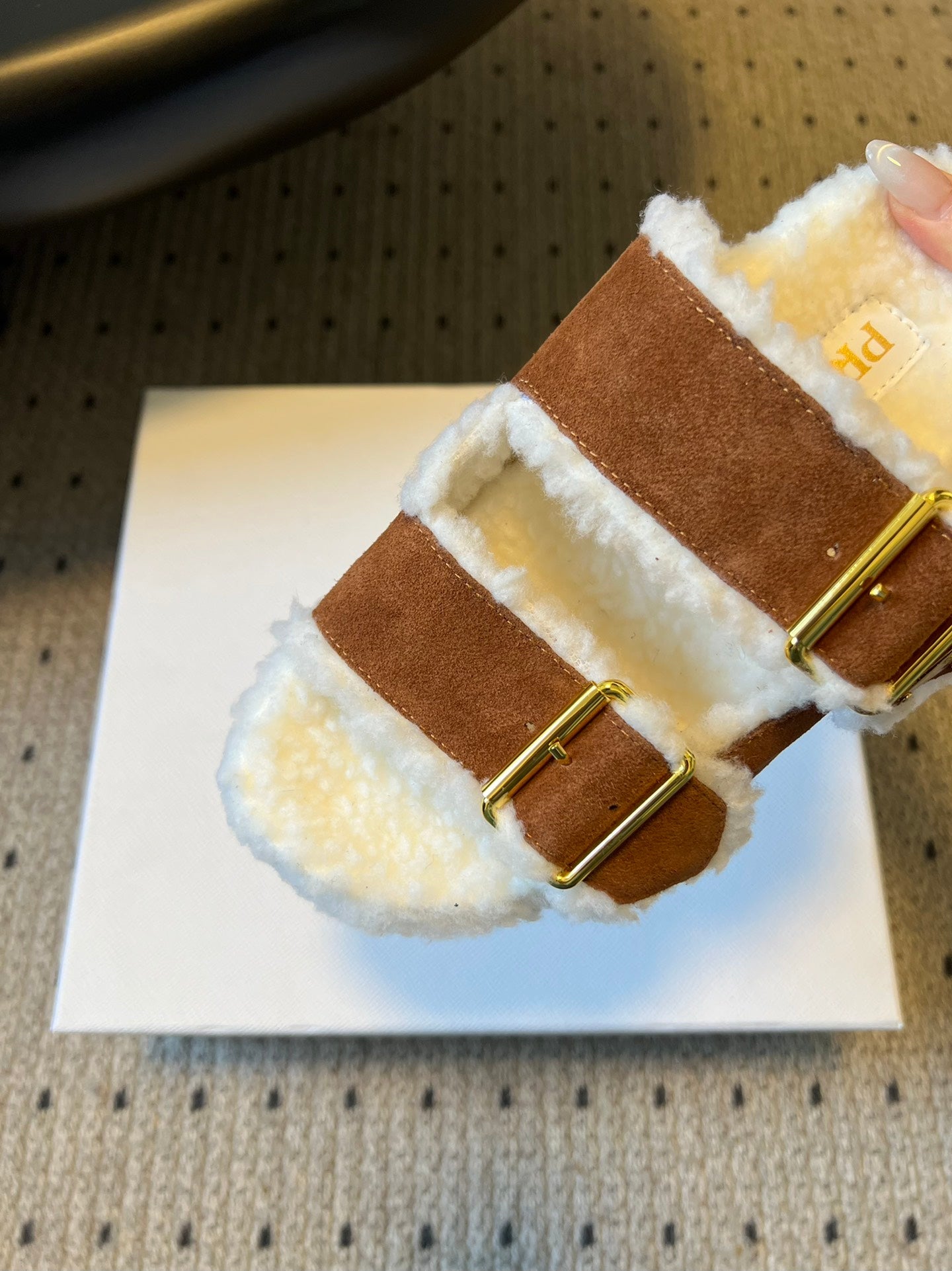 PRADA 25S TWO-STRAP SANDALS IN BROWN SUEDE AND WHITE SHEARLING WITH GOLD HARDWARE