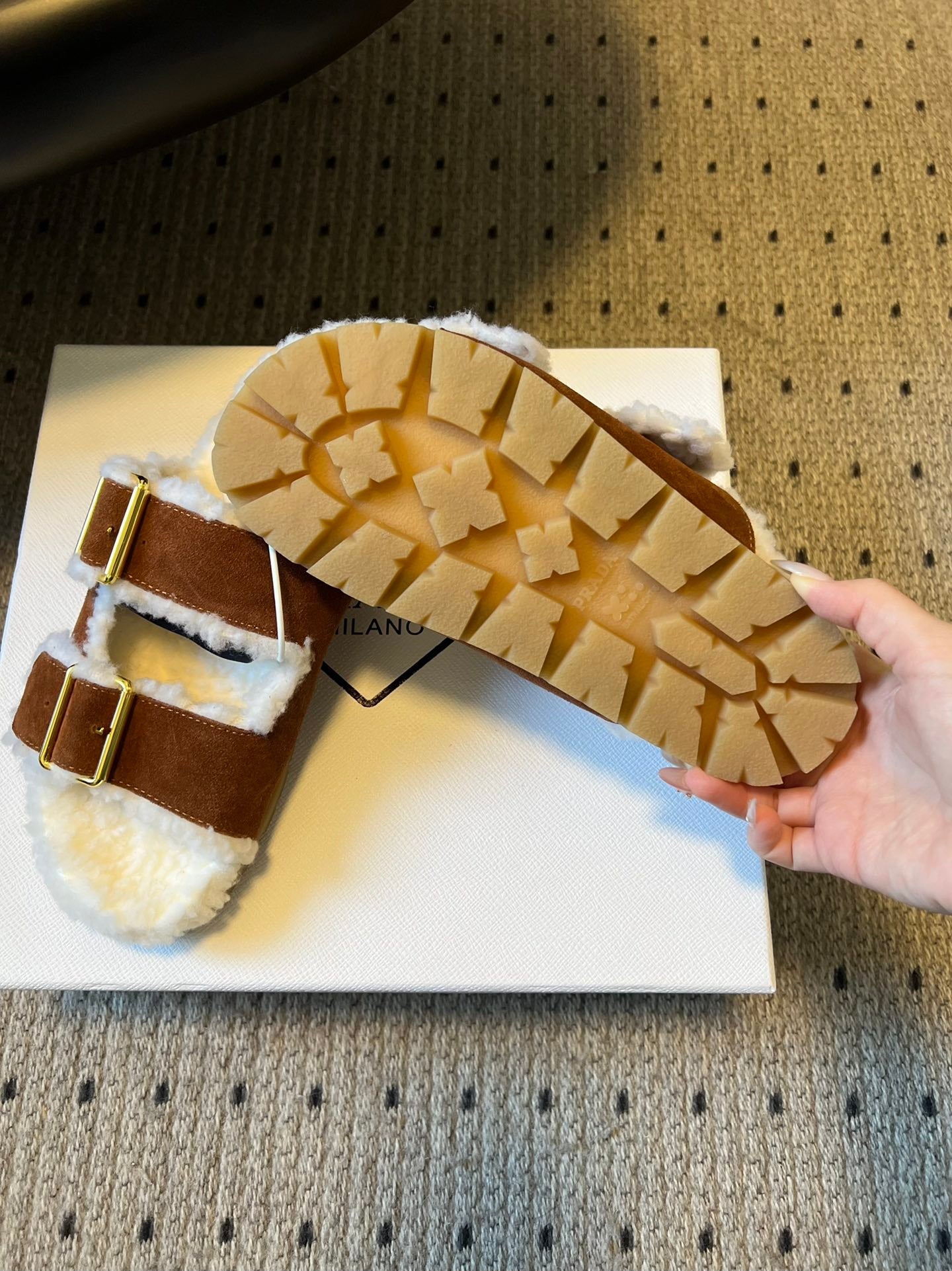 PRADA 25S TWO-STRAP SANDALS IN BROWN SUEDE AND WHITE SHEARLING WITH GOLD HARDWARE