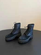 CELINE 26S MARGARET COMBAT BOOT 45 MM IN BLACK CANVAS AND SUEDE
