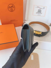 HM KELLY CONSTANCE SLIM WALLET BELT IN BLACK CALFSKIN GOLD HARDWARE
