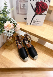 BLACK LEATHER ROCKSTUD ESPADRILLES ANKLE STRAP FLATS
