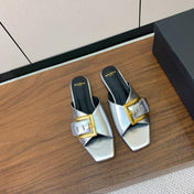 BALMAIN 26S B-BELT FLAT SANDALS IN METALLIC SILVER CALFSKIN