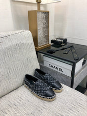 ESPADRILLE BLACK MIX WHITE TWEED FABRIC AND CALFSKIN FLATS