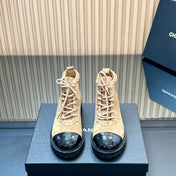 CHANEL 25S MARTIN LACE-UP BOOTS WITH CHAIN DETAIL IN LIGHT BROWN SUEDE