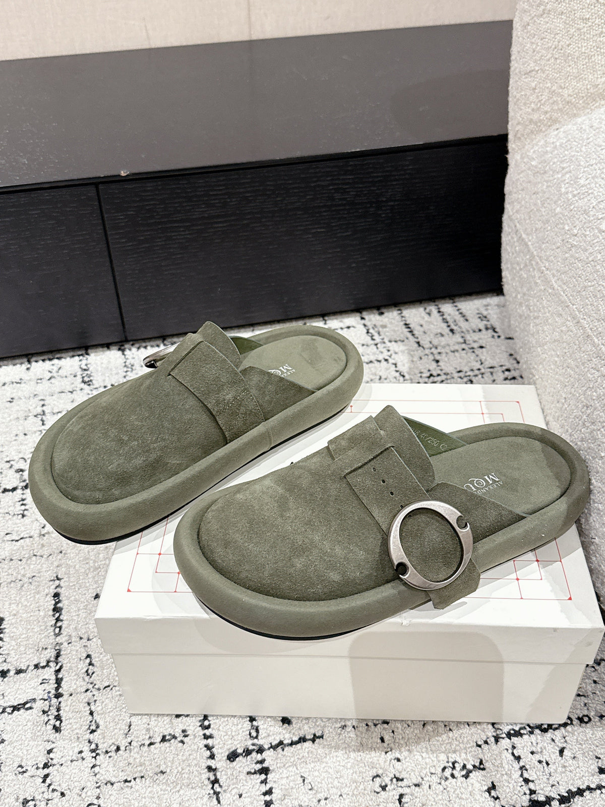 ARC CLOG MULES IN THYME GREEN SUEDE
