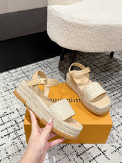 LV PLATFORM ESPADRILLE SANDALS 25S IN BEIGE FABRIC