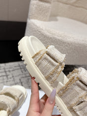 DIOR BACK-STRAP SANDALS 25S IN CREAM WHITE TWEED AND CALFSKIN WITH GOLD HARDWARE