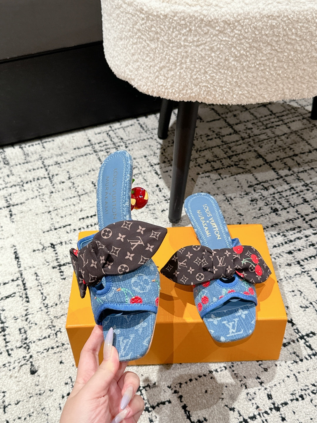 LV CHERRY HIGH HEELS 25S IN BLUE DENIM WITH BOW STYLE 3
