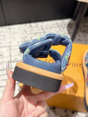 LV MIAMI DOUBLE-STRAP SANDALS 25S IN BLUE DENIM AND CALFSKIN