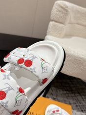 LV TWO-STRAP SLIDES 25S IN WHITE FABRIC AND CALFSKIN