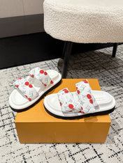 LV TWO-STRAP SLIDES 25S IN WHITE FABRIC AND CALFSKIN