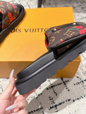 LV MIAMI-STYLE SANDALS 25S IN BROWN FABRIC AND BLACK CALFSKIN