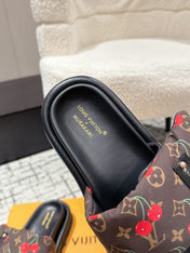 LV MIAMI-STYLE SANDALS 25S IN BROWN FABRIC AND BLACK CALFSKIN