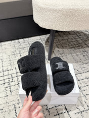 CELINE 25S SLIDES TRIOMPHE IN BLACK SPONGE FABRIC