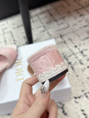 DIOR 26S HIGH HEEL SLIDES IN LIGHT PINK EMBOSSED OBLIQUE LACE EMBROIDERY